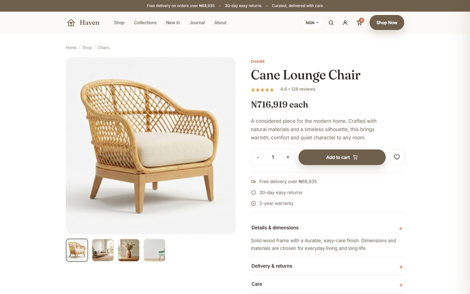 A product page on a live store with gallery, price and add to cart